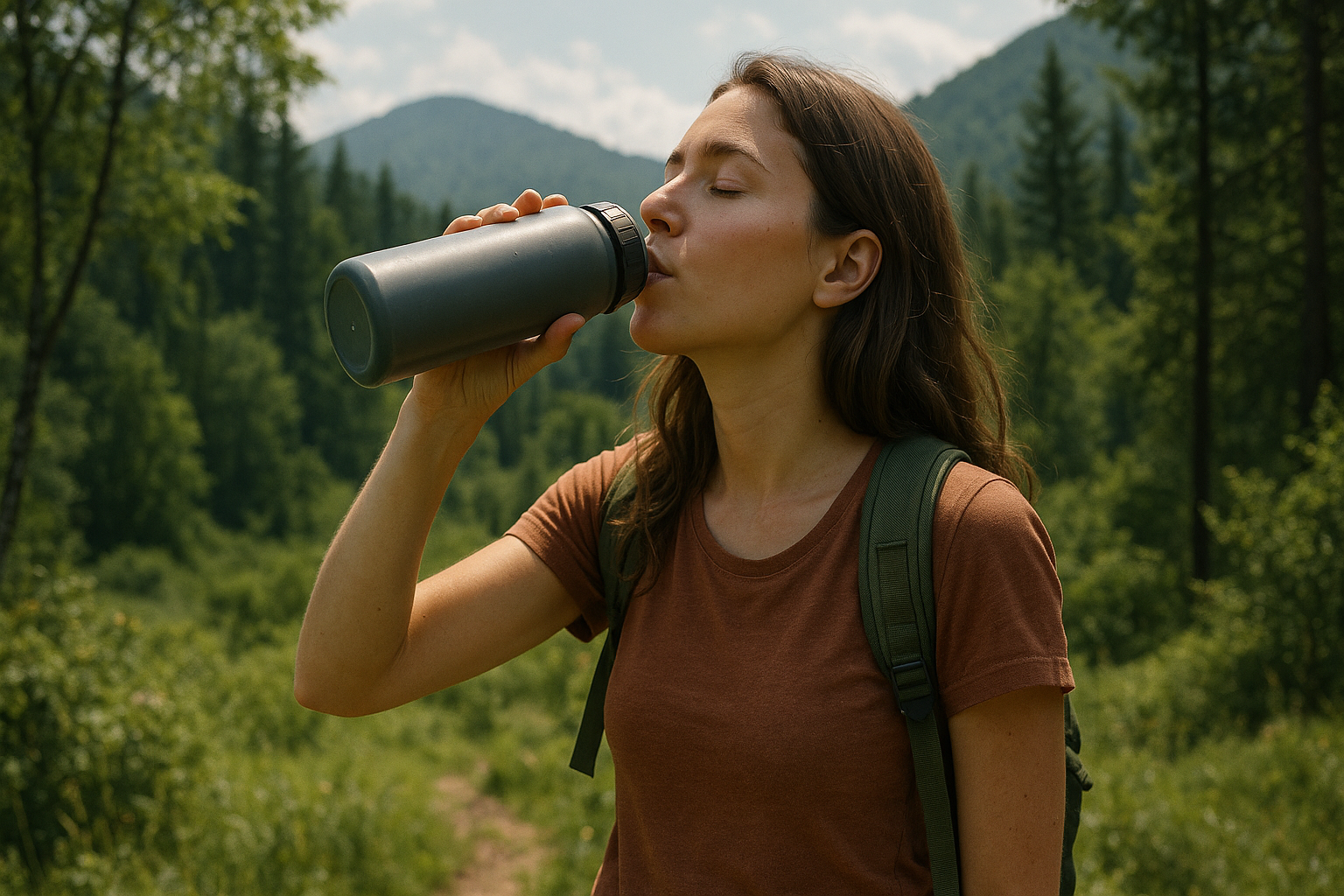 une femme qui boit avec un gourde en nature 